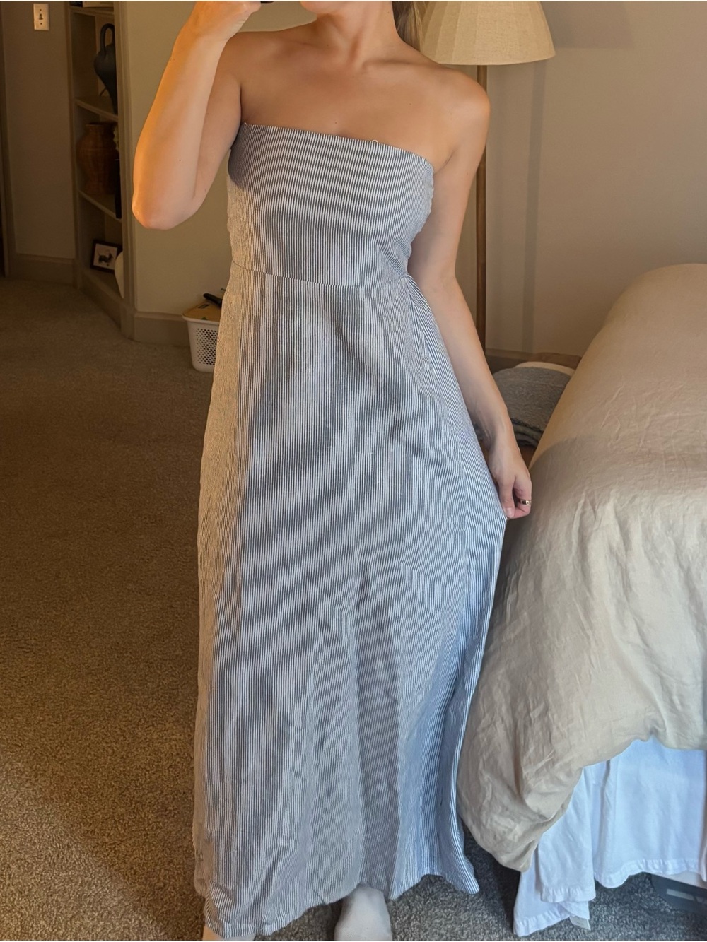 Olivaceous Blue and White Strapless Seersucker Maxi Dress